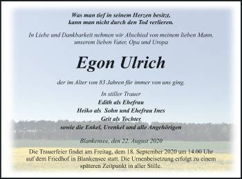 Traueranzeige von Egon Ulrich von Pasewalker Zeitung