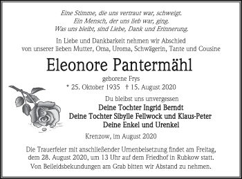 Traueranzeige von Eleonore Pantermähl von Vorpommern Kurier