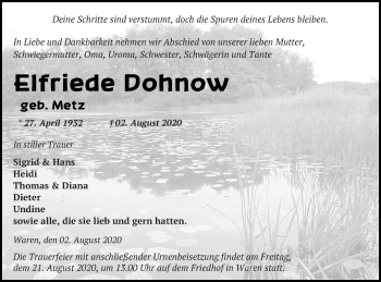 Traueranzeige von Elfriede Dohnow von Müritz-Zeitung