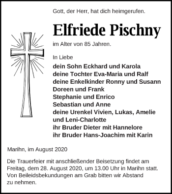 Traueranzeige von Elfriede Pischny von Müritz-Zeitung