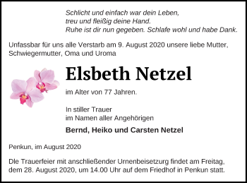 Traueranzeige von Elsbeth Netzel von Pasewalker Zeitung