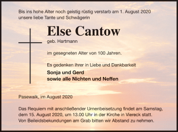 Traueranzeige von Else Cantow von Pasewalker Zeitung