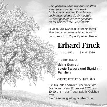 Traueranzeige von Erhard Finck von Neubrandenburger Zeitung