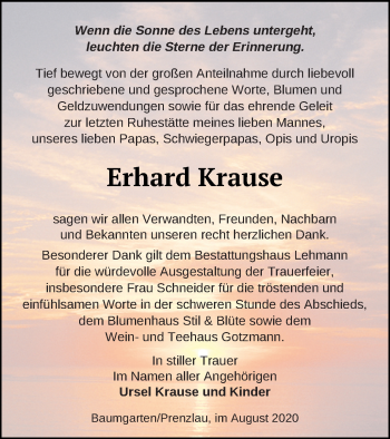 Traueranzeige von Erhard Krause von Prenzlauer Zeitung