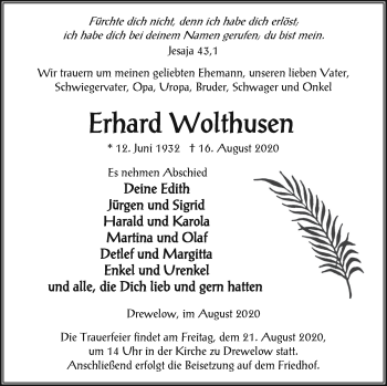 Traueranzeige von Erhard Wolthusen von Vorpommern Kurier