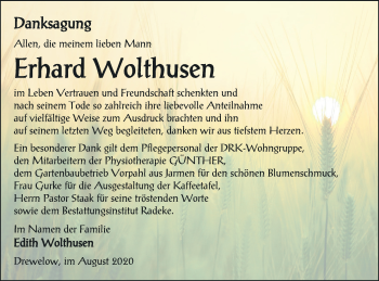 Traueranzeige von Erhard Wolthusen von Vorpommern Kurier