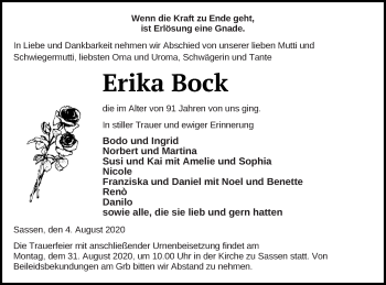 Traueranzeige von Erika Bock von Vorpommern Kurier