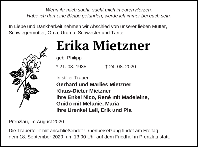  Traueranzeige für Erika Mietzner vom 29.08.2020 aus Prenzlauer Zeitung