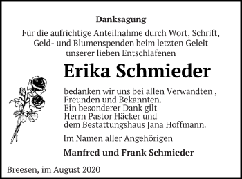 Traueranzeige von Erika Schmieder von Neubrandenburger Zeitung