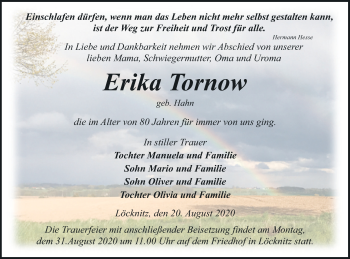 Traueranzeige von Erika Tornow von Pasewalker Zeitung