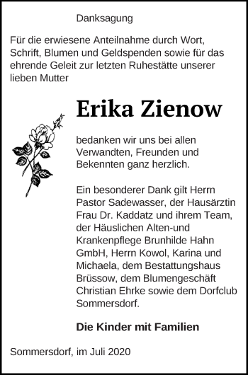 Traueranzeige von Erika Zienow von Pasewalker Zeitung