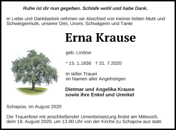 Traueranzeige von Erna Krause von Prenzlauer Zeitung