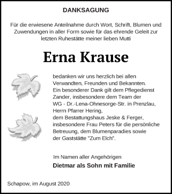 Traueranzeige von Erna Krause von Prenzlauer Zeitung