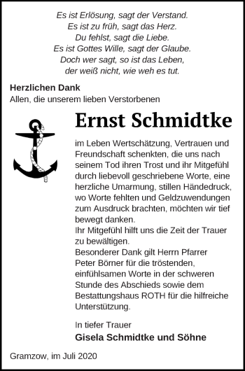 Traueranzeige von Ernst Schmidtke von Prenzlauer Zeitung