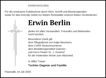 Traueranzeige von Erwin Berlin von Pasewalker Zeitung