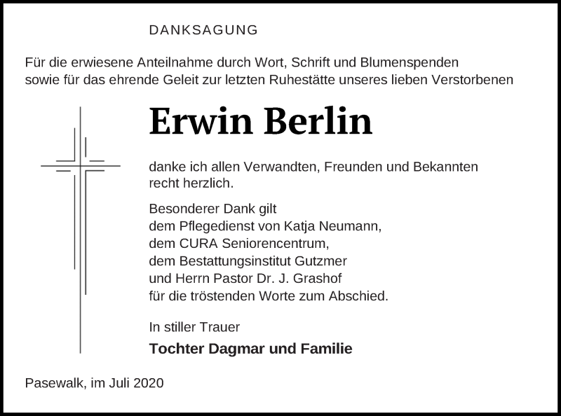  Traueranzeige für Erwin Berlin vom 04.08.2020 aus Pasewalker Zeitung