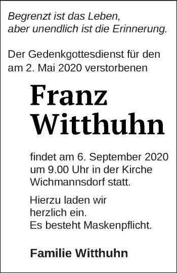 Traueranzeige von Franz Witthuhn von Templiner Zeitung