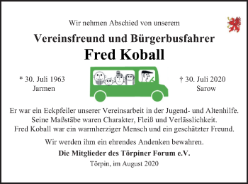 Traueranzeige von Fred Koball von Demminer Zeitung