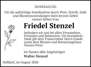 Traueranzeige von Friedel Stenzel von Neubrandenburger Zeitung