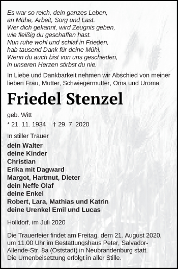 Traueranzeige von Friedel Stenzel von Neubrandenburger Zeitung