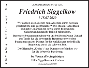 Traueranzeige von Friedrich Siggelkow von Norddeutsche Neueste Nachrichten