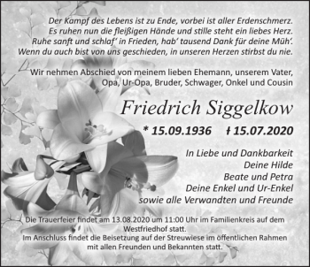 Traueranzeige von Friedrich Siggelkow von Norddeutsche Neueste Nachrichten