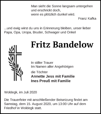 Traueranzeige von Fritz Bandelow von Strelitzer Zeitung