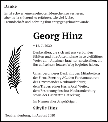 Traueranzeige von Georg Hinz von Neubrandenburger Zeitung