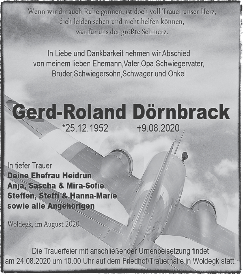  Traueranzeige für Gerd-Roland Dörnbrack vom 15.08.2020 aus Vorpommern Kurier