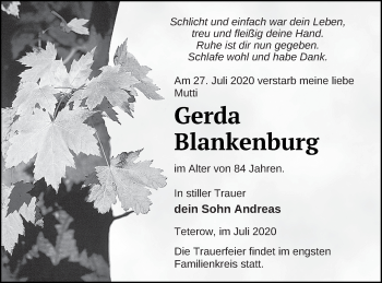 Traueranzeige von Gerda Blankenburg von Mecklenburger Schweiz