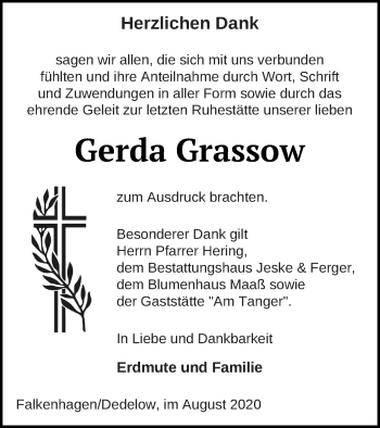 Traueranzeige von Gerda Grassow von Prenzlauer Zeitung