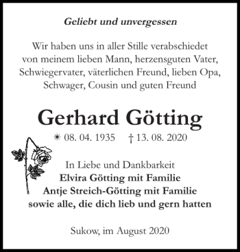 Traueranzeige von Gerhard Götting von Zeitung für die Landeshauptstadt