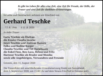 Traueranzeige von Gerhard Teschke von Prenzlauer Zeitung