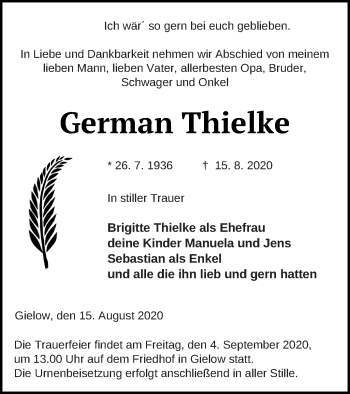 Traueranzeige von German Thielke von Mecklenburger Schweiz