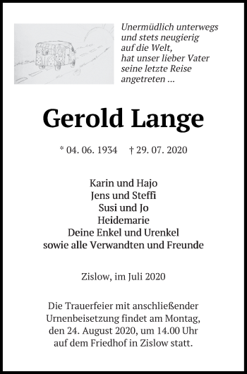 Traueranzeige von Gerold Lange von Müritz-Zeitung