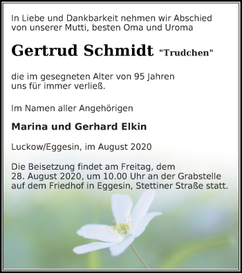 Traueranzeige von Gertrud Schmidt von Haff-Zeitung