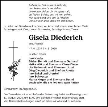 Traueranzeige von Gisela Diederich von Vorpommern Kurier