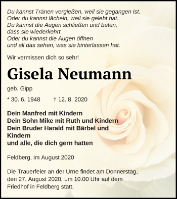 Traueranzeige von Gisela Neumann von Strelitzer Zeitung