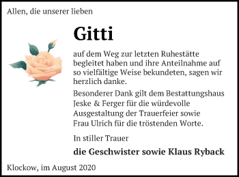 Traueranzeige von Gitti  von Prenzlauer Zeitung