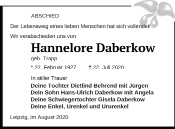 Traueranzeige von Hannelore Daberkow von Müritz-Zeitung