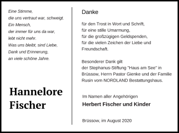 Traueranzeige von Hannelore Fischer von Prenzlauer Zeitung