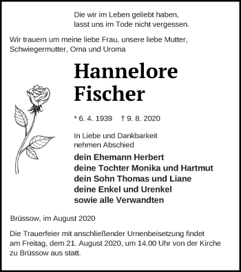 Traueranzeige von Hannelore Fischer von Prenzlauer Zeitung