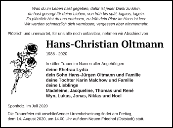 Traueranzeige von Hans-Christian Oltmann von Neubrandenburger Zeitung