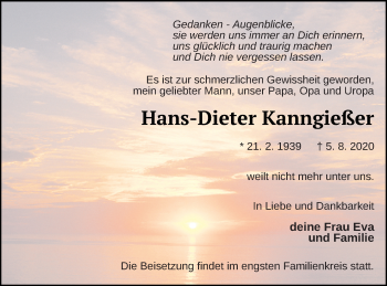 Traueranzeige von Hans-Dieter Kanngießer von Haff-Zeitung