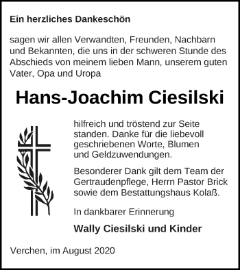 Traueranzeige von Hans-Joachim Ciesilski von Demminer Zeitung