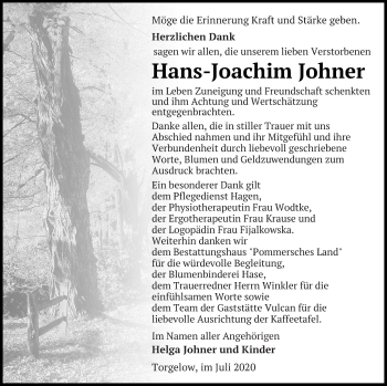 Traueranzeige von Hans-Joachim Johner von Haff-Zeitung