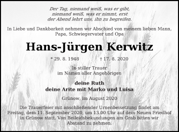 Traueranzeige von Hans-Jürgen Kerwitz von Prenzlauer Zeitung