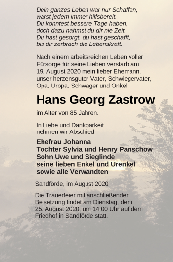 Traueranzeige von Hans Georg Zastrow von Pasewalker Zeitung