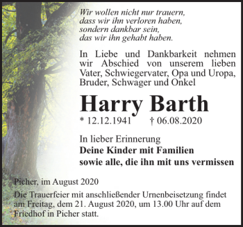 Traueranzeige von Harry Barth von Hagenower Kreisblatt