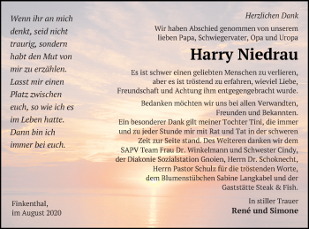 Traueranzeige von Harry Niedrau von Mecklenburger Schweiz